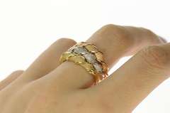 14K Yellow Gold Tri Tone Tiered Twist Textured Statement Band Ring
