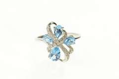 10K White Gold Pear Blue Topaz Diamond Wavy Cluster Ring