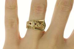 14K Yellow Gold Garnet Textured Belt Buckle Statement Band Ring