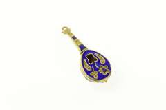 14K Yellow Gold Blue Enamel 3D Ornate Floral Lute Music Charm/Pendant