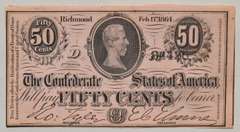 Bold Unc Confederate States 50 Cent Feb 17 1864  Note