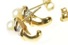 14K Yellow Gold Pearl Diamond Accent Semi Hoop Stud Earrings