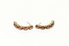 10K Yellow Gold Oval Garnet Inset Curved Bar Semi Hoop Earrings