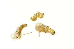 14K Yellow Gold Pearl Diamond Accent Semi Hoop Stud Earrings