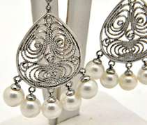 6MM CULTURED PEARL AND DIAMOND CHANDELIER EARRINGS.