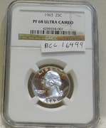 1963 PROOF Silver Wash Qtr NGC PF-68UC