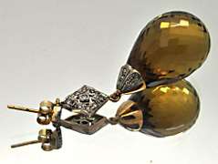 18 KT GOLD TEAR DROP EARRINGS WITH DIAMONDS QUARTZ