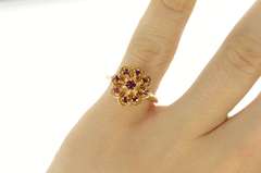 14K Yellow Gold 1960's Retro Ruby Flower Cluster Statement Ring
