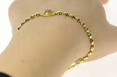 18K Yellow Gold Oval Pink Topaz Diamond Halo Round Link Bracelet