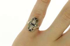 18K White Gold Art Deco Diamond Syn. Sapphire Filigree Ring