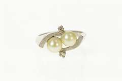 14K White Gold Retro Two Pearl Diamond Swirl Statement Ring