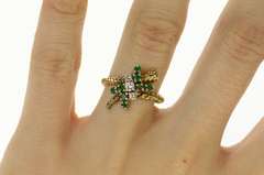 14K Yellow Gold Retro Emerald Diamond Cluster Bypass Ring