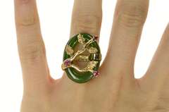 14K Yellow Gold Jade Ring Ruby Tree Branch Cherry Blossom Ring