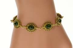 14K Yellow Gold Elaborate Ornate Retro Nephrite Filigree Bracelet