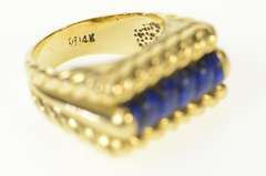 14K Yellow Gold Retro Carved Lapis Lazuli Squared Rope Ring