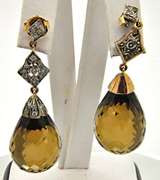 18 KT GOLD TEAR DROP EARRINGS WITH DIAMONDS QUARTZ
