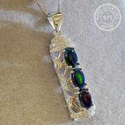 ETHIOPIAN BLACK OPAL & WHITE SAPPHIRE STERLING SILVER PENDANT
