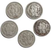 5 Assorted 3 Cent Nickels