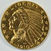 Highly Brilliant 1910 US $5 Indian Gold Piece