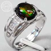 ETHIOPIAN OPAL & WHITE SAPPHIRE MENS STERLING SILVER ADJUSTABLE RING