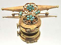 14 KT GENEVA WATCH PIN WITH TURQUOISE ACCENTS