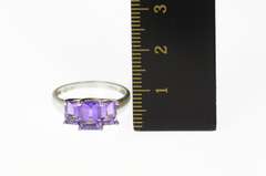 10K White Gold Three Stone Emerald Cut Amethyst Statement Ring