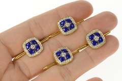18K Yellow Gold Squared Lapis Lazuli Diamond Tuxedo Stud Cuff Links