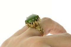 14K Yellow Gold Retro Ornate Nephrite Cabochon Floral Ring