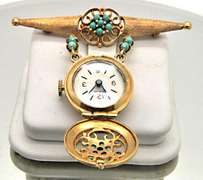 14 KT GENEVA WATCH PIN WITH TURQUOISE ACCENTS