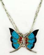 Signed Navajo Large Sterling Gemstone Butterfly Necklace