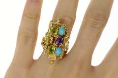 14K Yellow Gold Turquoise Peridot Amethyst Abstract Cocktail Ring