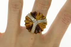 14K Yellow Gold 1960's Ornate Carved Tiger's Eye Diamond Ring