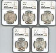 Choice BU 1921 to 1925 Silver Dollars. NGC MS63 holders