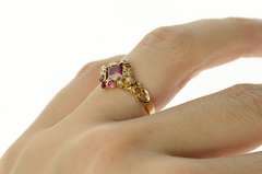 14K Yellow Gold Victorian Ornate Syn. Ruby Seed Pearl Ring