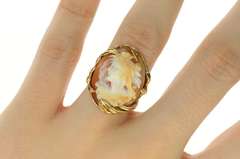 14K Yellow Gold Ornate Carved Lady Shell Cameo Statement Ring
