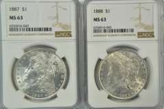 Choice BU 1887 & 1888 Morgan Silver Dollars. NGC MS63