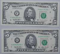 2 Matching Number Gem $ 5 1993 & 1995  Fed Reserve Star Notes