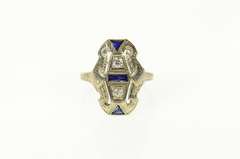 18K White Gold Art Deco Diamond Syn. Sapphire Filigree Ring