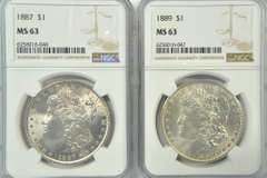 Choice BU 1886 & 1889 Morgan Silver Dollars. NGC MS63