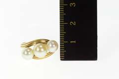 14K Yellow Gold Three Stone Classic Pearl Ornate Bypass Ring