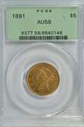 Scarce 1891 $5 Liberty Gold Piece. Old Green PCGS AU58