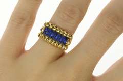 14K Yellow Gold Retro Carved Lapis Lazuli Squared Rope Ring