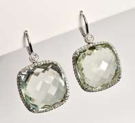 Lovely Green Amethyst & Diamond Earrings in 14K WG