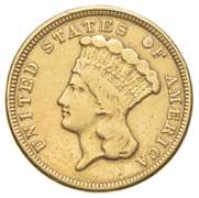 Worn Date $3.00 Indian Princess Head Gold Three Dollars