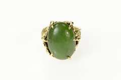 14K Yellow Gold Retro Ornate Nephrite Cabochon Floral Ring