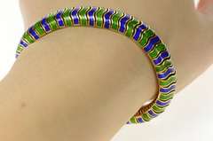 14K Yellow Gold 1960's Green Blue Enamel Wavy Chunk Bracelet