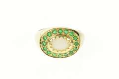 14K Yellow Gold Natural Opal Emerald Halo Retro Statement Ring