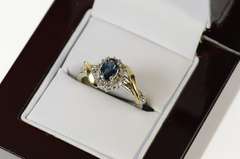 10K White Gold Oval Sapphire Diamond Halo Statement Ring