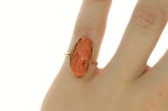 10K Yellow Gold Carved Coral Ornate Victorian Lady Cameo Ring