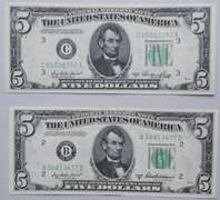1953 A Gem & 1950 B CH CU $ 5 FR Notes